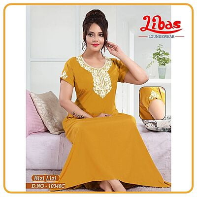 Lightning Yellow Bizi Lizi Plain Embroidery Nighty From Libas Loungewear - EN088