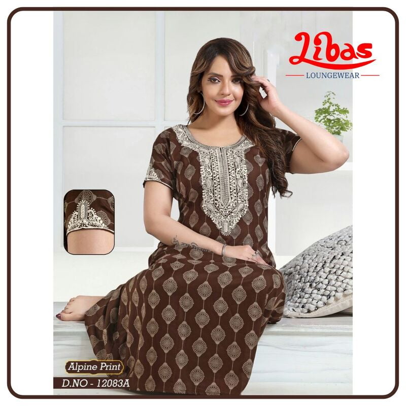 Brown Pod Spun Cotton Nighty With Block Print and Embroidery From Libas Loungewear - AL983
