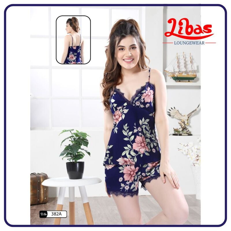 Ink Blue Premium Satin Two Piece Set With Floral Print All Over From Libas Loungewear - FCN153 Ink Blue Premium Satin Two Piece Set With Floral Print All Over From Libas Loungewear - FCN153