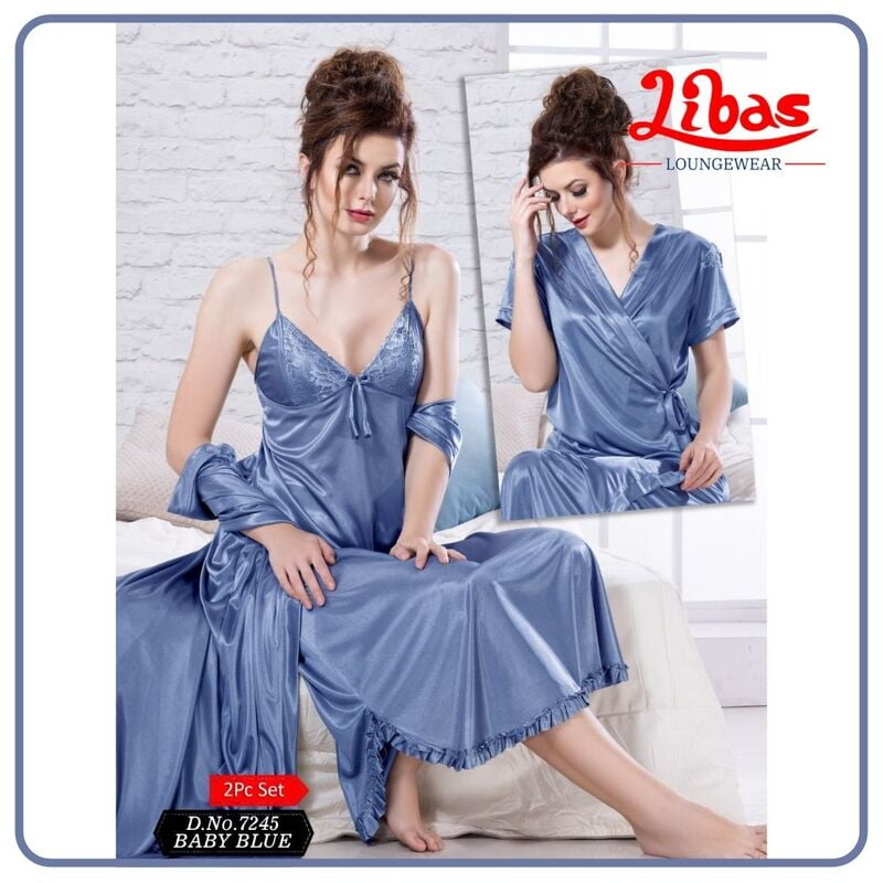 Plain Baby Blue Satin Two Piece Fancy Nighty From Libas Loungewear - FCN105 Plain Baby Blue Satin Two Piece Fancy Nighty From Libas Loungewear - FCN105