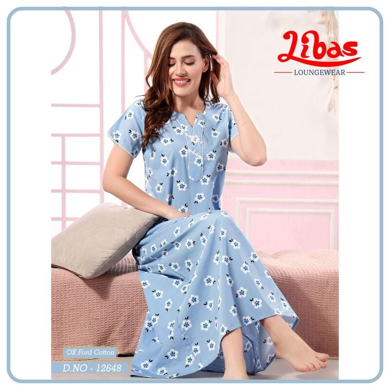 Baby Blue Oxford Cotton Nighty With Floral Print All Over From Libas Loungewear - AL997