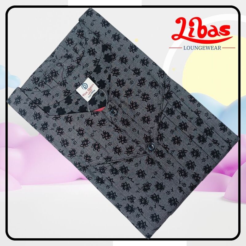 Dark grey Bizi Lizi Full Front Open Pleated Nighty With Button Closure By Libas Loungewear-FOP210 Dark grey Bizi Lizi Full Front Open Pleated Nighty With Button Closure By Libas Loungewear-FOP210