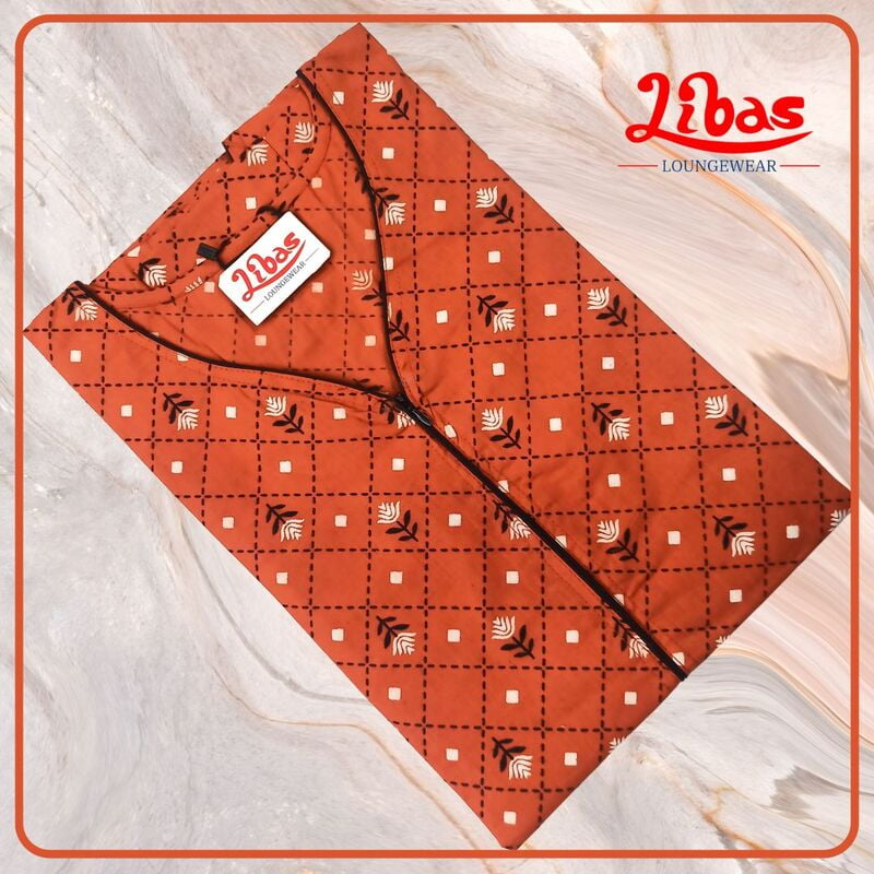 Chilea Fire Cotton Nighty With Front Zip Closure & Leaf Print All Over From Libas Loungewear - AL781 Chilea Fire Cotton Nighty With Front Zip Closure & Leaf Print All Over From Libas Loungewear - AL781