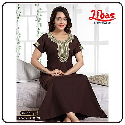 Aubergine Brown Bizi Lizi Plain Embroidery Nighty From Libas Loungewear - EN132