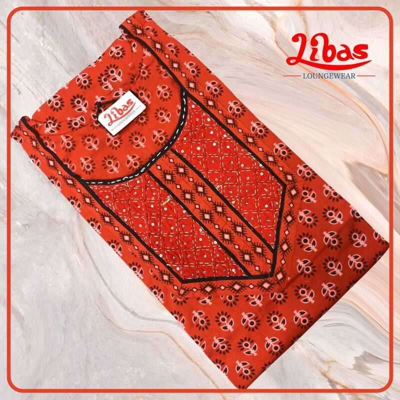 Cinnabar Premium Cotton Nighty With Mirror work & Block Print All Over From Libas Loungewear - AL771