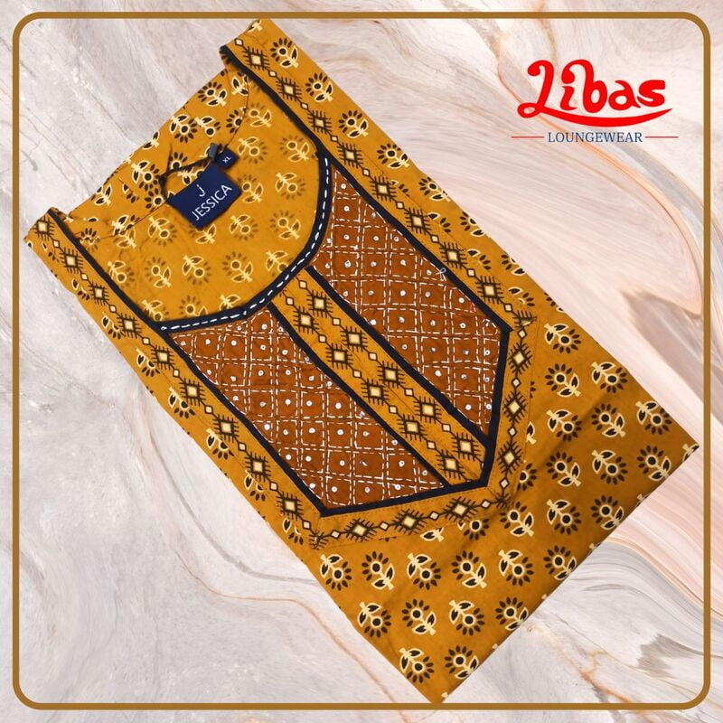 Gamboge Premium Cotton Nighty With Mirror work & Block Print All Over From Libas Loungewear - AL772