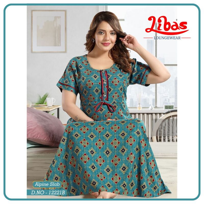 Teal Sky Blue Alpine Slab Nighty With Classic Block Prints From Libas Loungewear - AL991