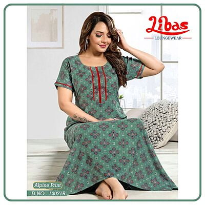 Patina Spun Cotton Plus Size Nighty With Block Print & Front Zip Closure Libas Loungewear - PS540