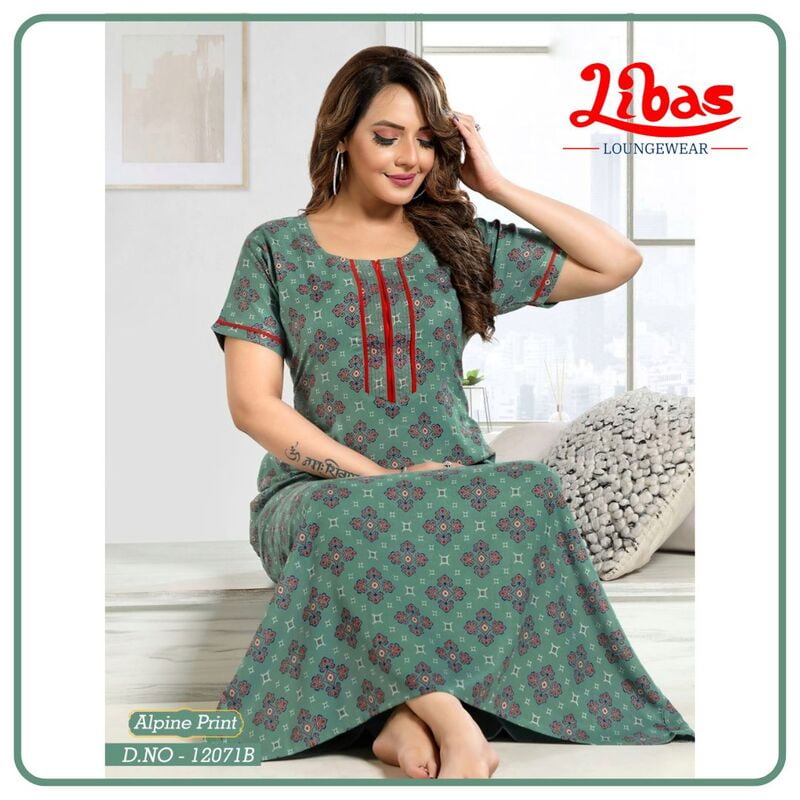 Patina Green Spun Cotton Nighty With Block Print & Front Zip Closure Libas Loungewear - AL974