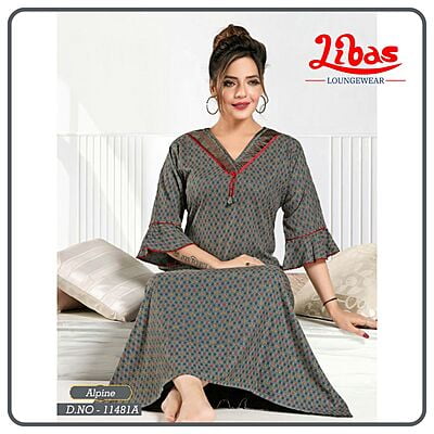 Shuttle Grey Alpine Long Sleeve Nighty With Geomeric Design All Over From Libas Loungewear - LSN201