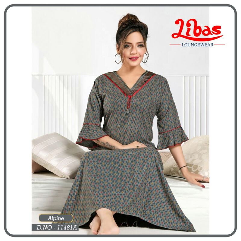 Shuttle Grey Alpine Long Sleeve Nighty With Geomeric Design All Over From Libas Loungewear - LSN201