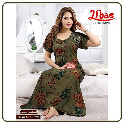 Coastal Green Rayon Nighty With Floral & Stripe Jakart Print All Over From Libas Loungewear - AL809