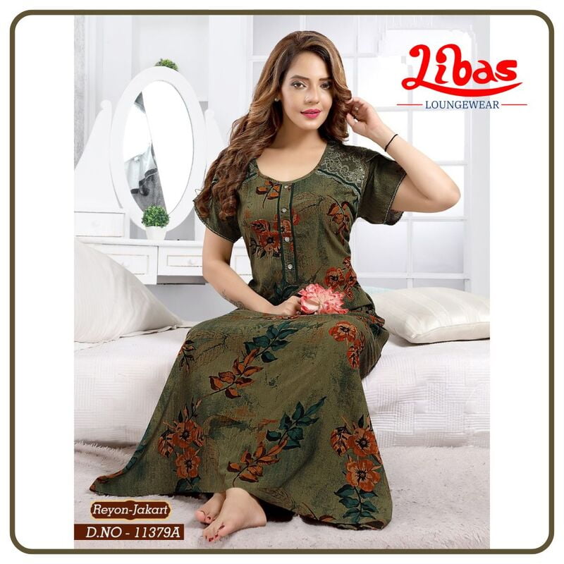 Coastal Green Rayon Nighty With Floral & Stripe Jakart Print All Over From Libas Loungewear - AL809