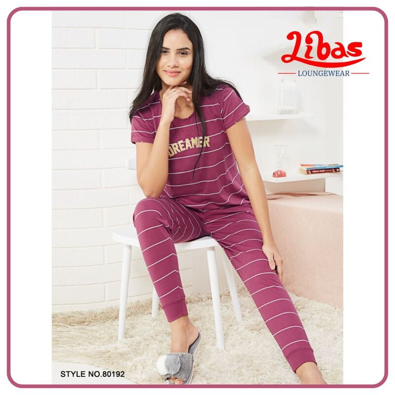 Rouge Stripe Printed Top & Bottom Hosiery Cotton Women Night Suit From Libas Loungewear - FPS113