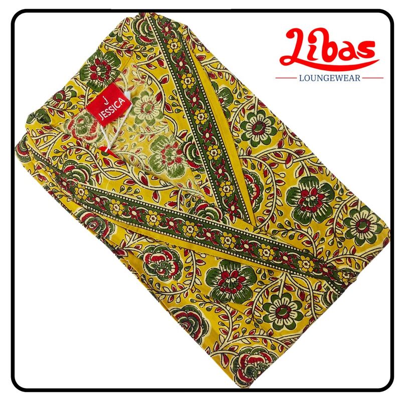 Lemon yellow and green cotton house coat robe with floral prints from Libas loungewear-HC056 Lemon yellow and green cotton house coat robe with floral prints from Libas loungewear-HC056
