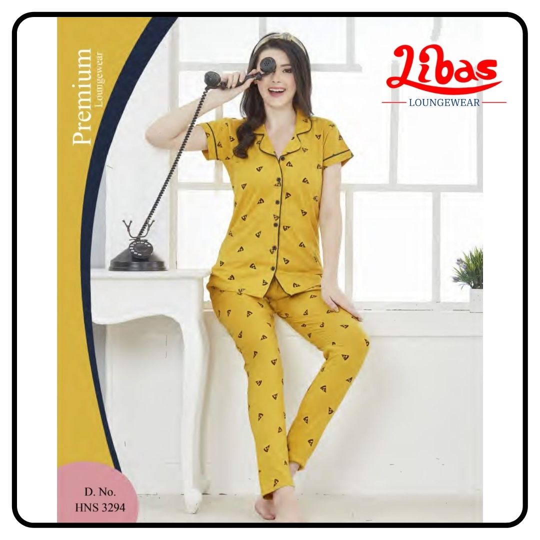 Yellow hosiery cotton women night suit in geomeric print with button closure-FPS029