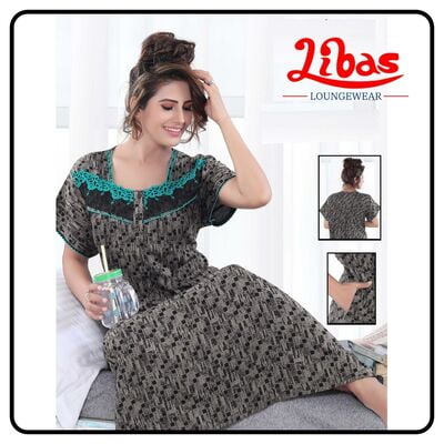 Grey & black alphine pleated nighty in geometric print & net work with button closure libas-PLT046