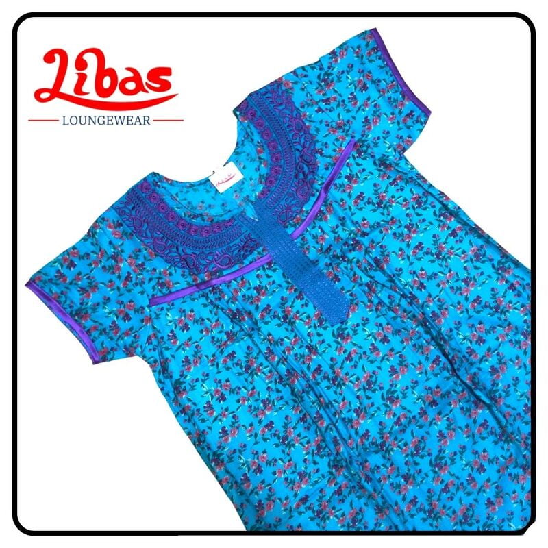 Deep sky blue alphine pleated nighty in floral print & embroidery work by libas-PLT052