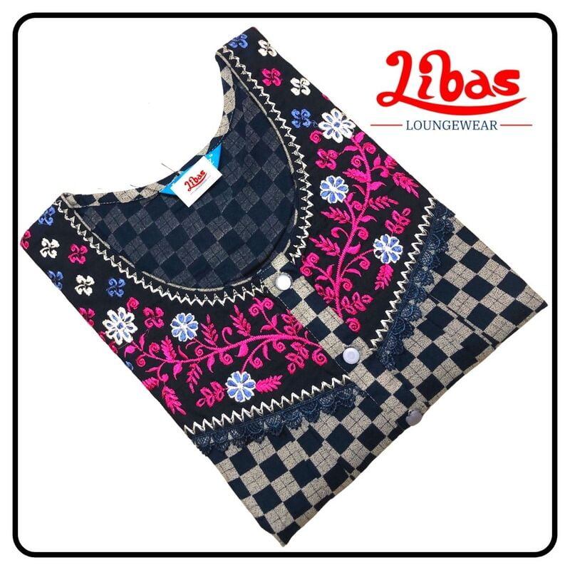 Grey alphine pleated nighty with navy blue geometric prints & button closure by libas-PLT077 Grey alphine pleated nighty with navy blue geometric prints & button closure by libas-PLT077