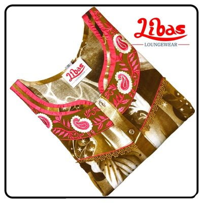 Golden brown rayon pleated nighty with embroidery work & button closure from libas -PLT091 Golden brown rayon pleated nighty with embroidery work & button closure from libas -PLT091
