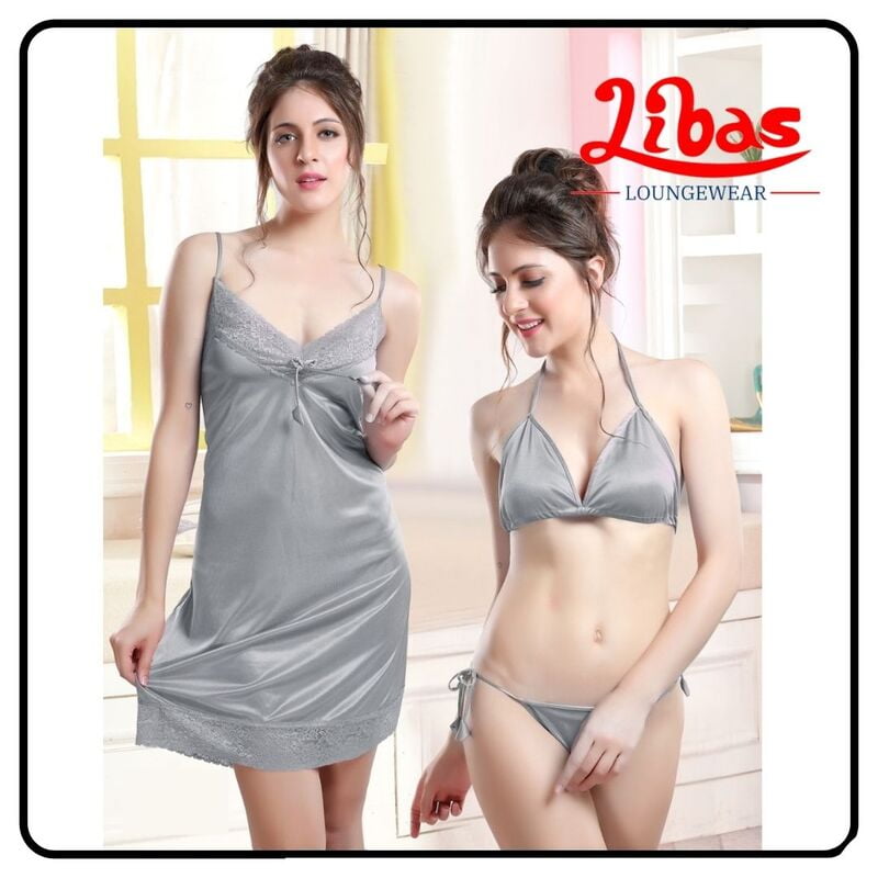 Plain Link water colored satin one piece fancy nighty from libas loungewear-FCN065 Plain Link water colored satin one piece fancy nighty from libas loungewear-FCN065