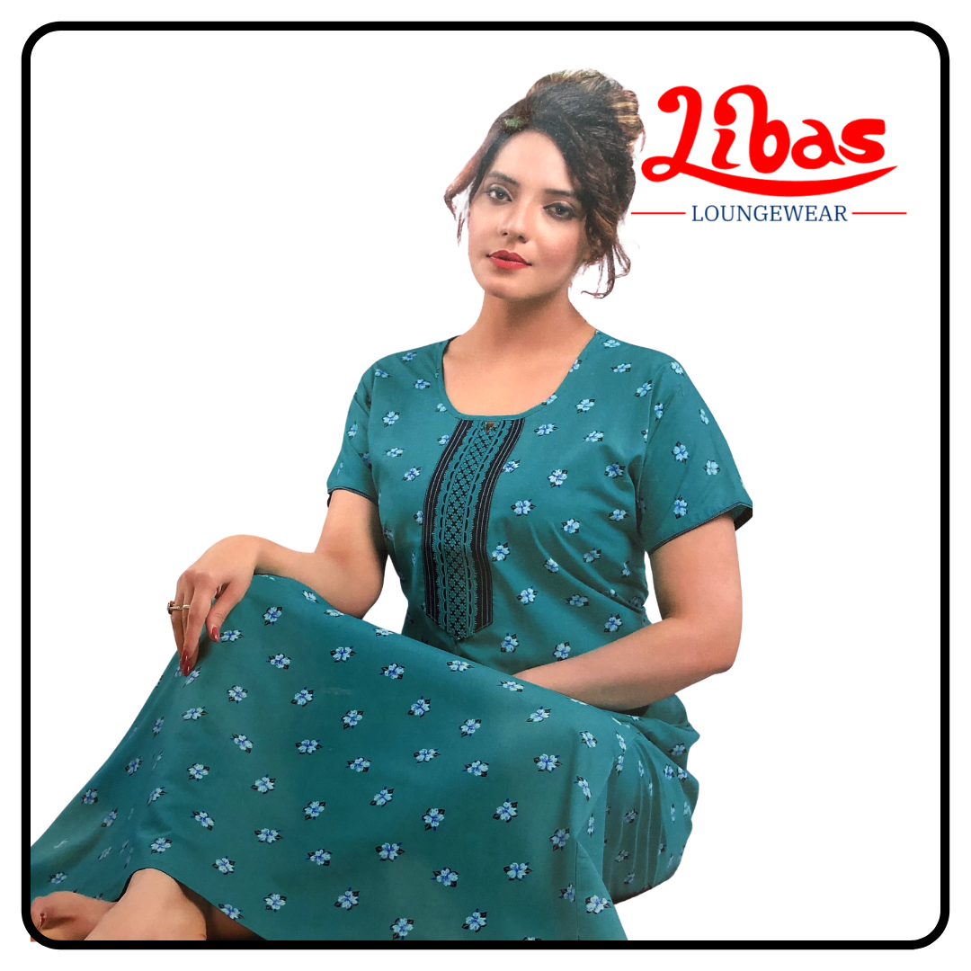 Persian green cotton nighty with floral prints all over from libas loungewear - PS155