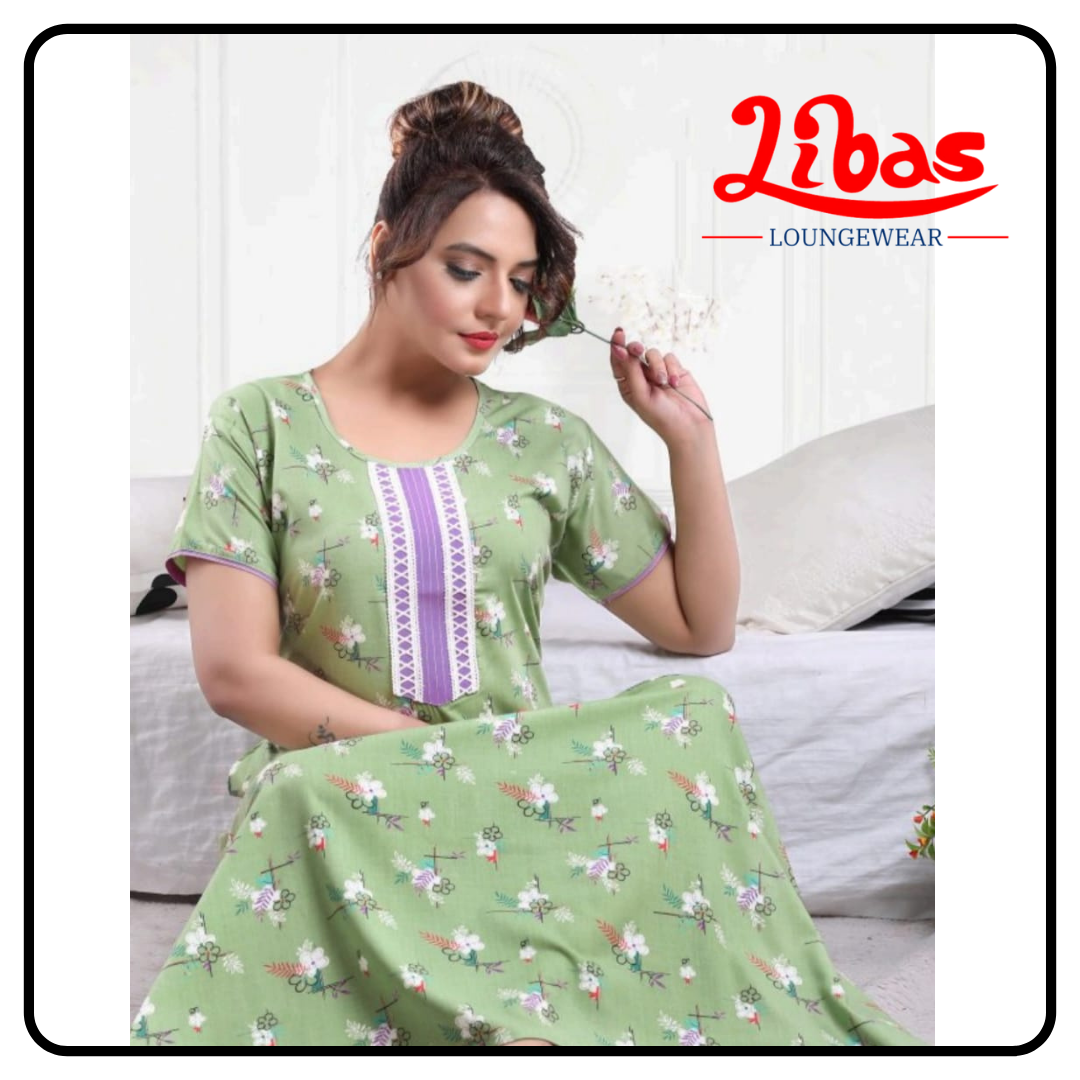Light green cotton nighty with floral prints all over from libas loungewear - PS154