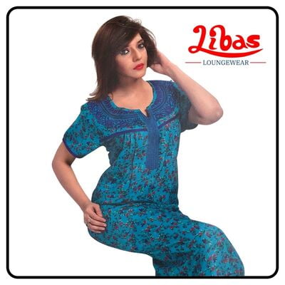 Deep sky blue alphine pleated nighty in floral print & embroidery work by libas-PLT052
