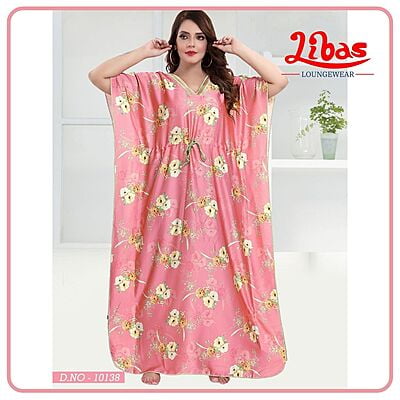 Illusion Pink Satin Kaftan Nighty With V-Neck & Floral Print All Over From Libas Loungewear - KF276