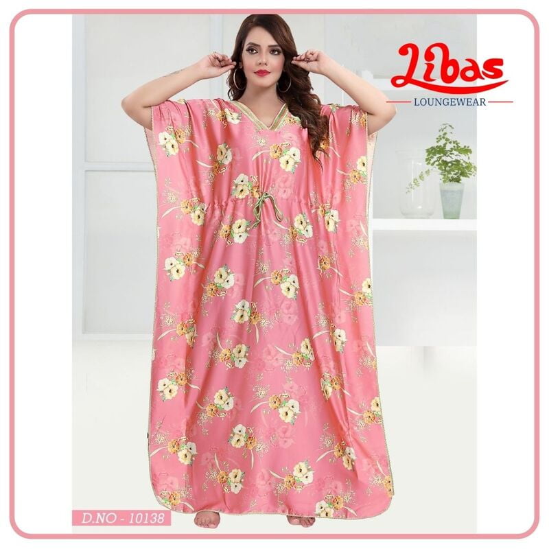 Illusion Pink Satin Kaftan Nighty With V-Neck & Floral Print All Over From Libas Loungewear - KF276 Illusion Pink Satin Kaftan Nighty With V-Neck & Floral Print All Over From Libas Loungewear - KF276