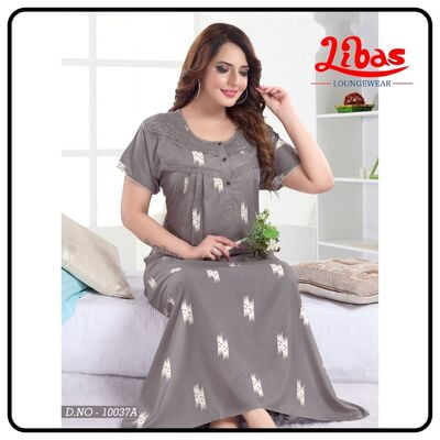 Grey pleated reyon nighty in block print with button closure from libas loungewear - PLT144
