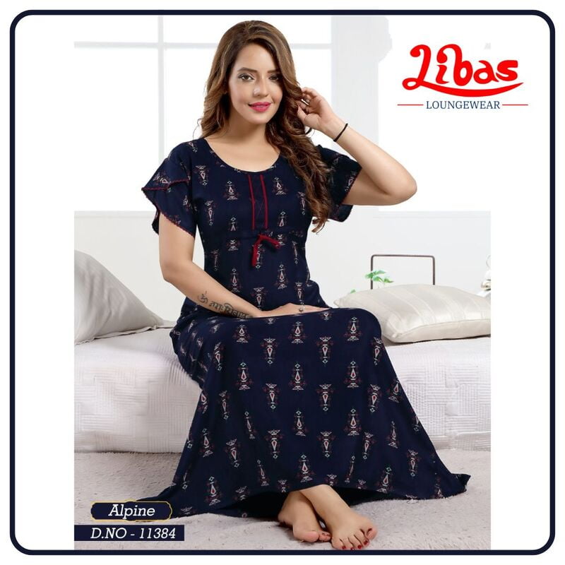 Navy Blue Spun Cotton Nighty With Knot Style & Block Print All Over From Libas Loungewear - AL817