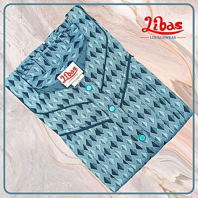 Teal Blue Alpine Pleated Nighty With Button Closure & Geometric Print From Libas Loungewear - PLT206