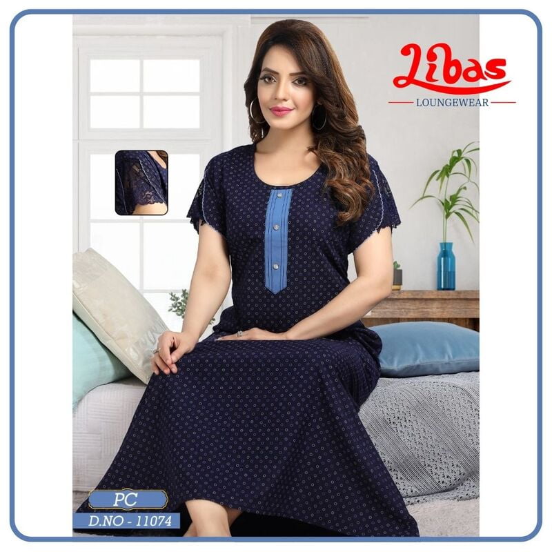 Russian Blue PC Nighty With Lace Work & Polka Circle Print All Over From Libas Loungewear - AL707 Russian Blue PC Nighty With Lace Work & Polka Circle Print All Over From Libas Loungewear - AL707