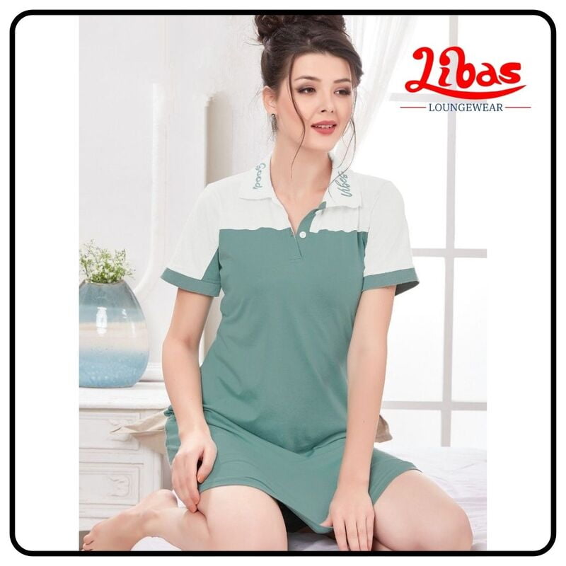 Juniper Green & Half White Hosiery Cotton Short Nighty With Double color Print From Libas - SHN057