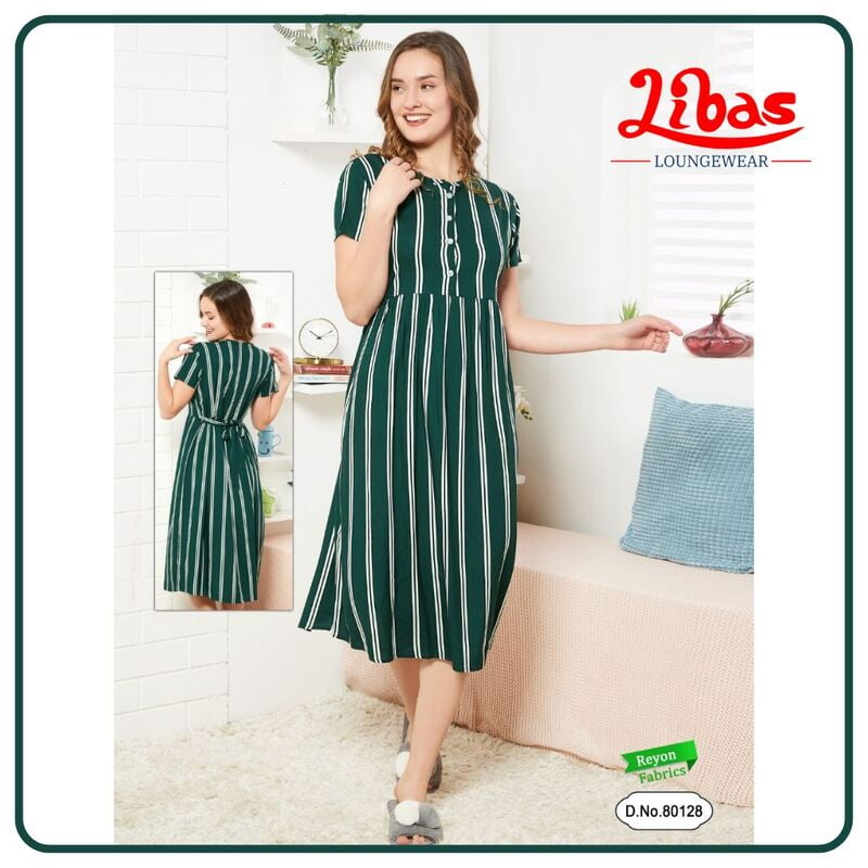 Deep Teal Premium Rayon Midi Dress With Stripes Print All Over From Libas Loungewear - MD005