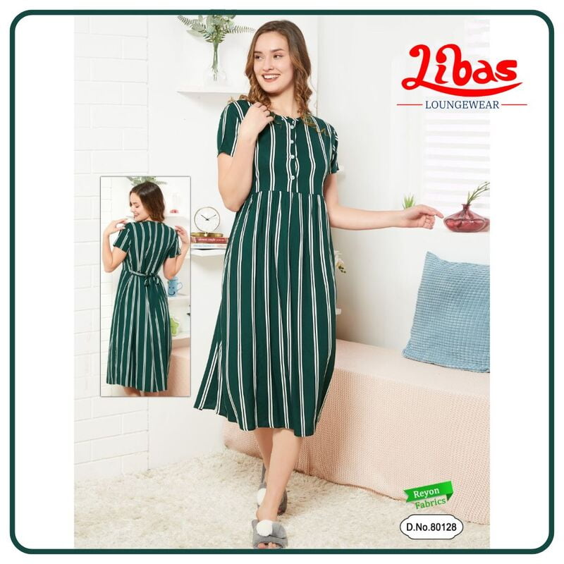Deep Teal Premium Rayon Midi Dress With Stripes Print All Over From Libas Loungewear - MD005 Deep Teal Premium Rayon Midi Dress With Stripes Print All Over From Libas Loungewear - MD005