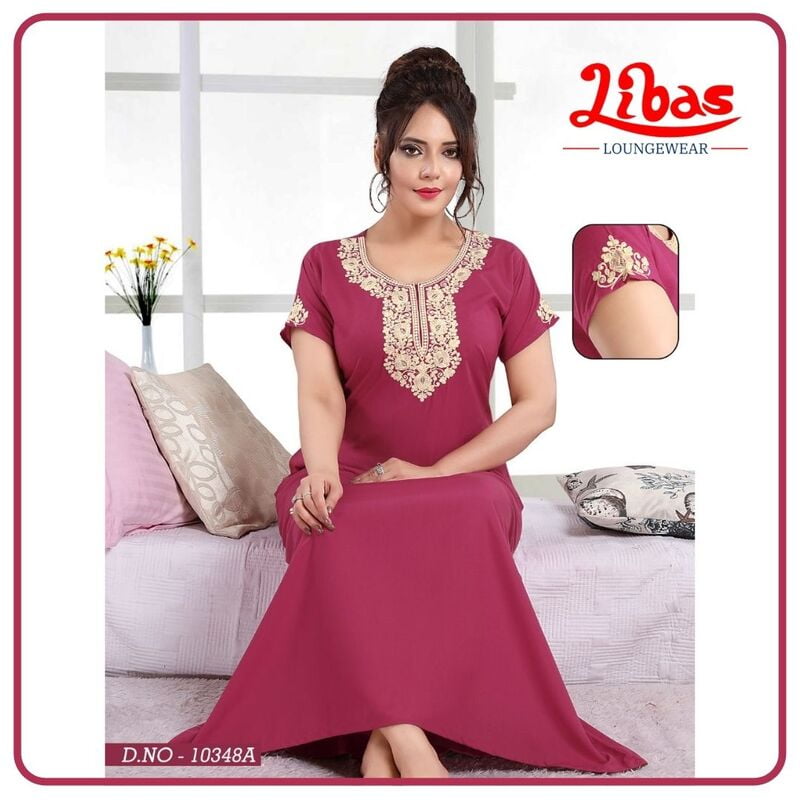 Rouge Pink Bizi Lizi Plain Embroidery Nighty From Libas Loungewear - EN089