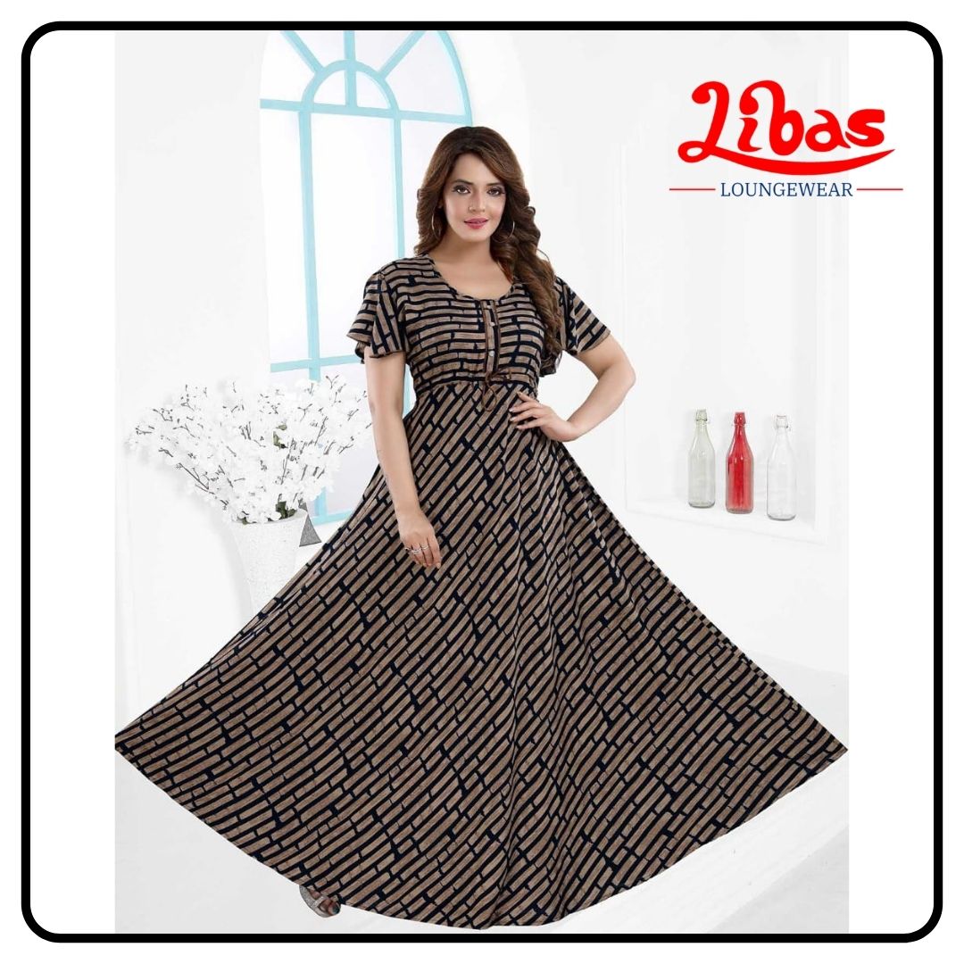 Black & Coffee brown rayon fancy anarkali loungewear with geometric print by libas loungewear-AN035