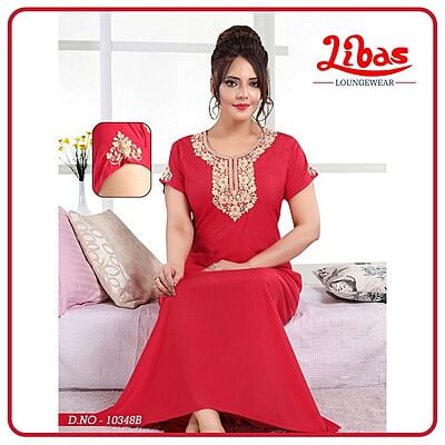 Cardinal Red Bizi Lizi Plain Embroidery Nighty From Libas Loungewear - EN090