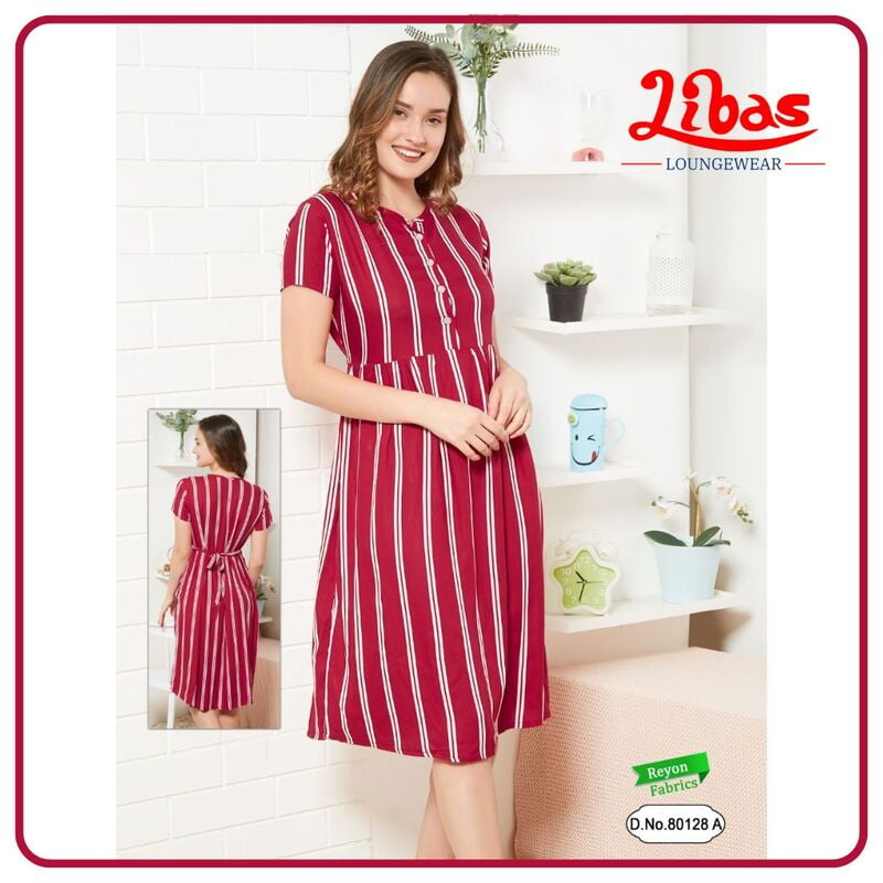 Cardinal Red Premium Rayon Midi Dress With Stripes Print All Over From Libas Loungewear - MD006