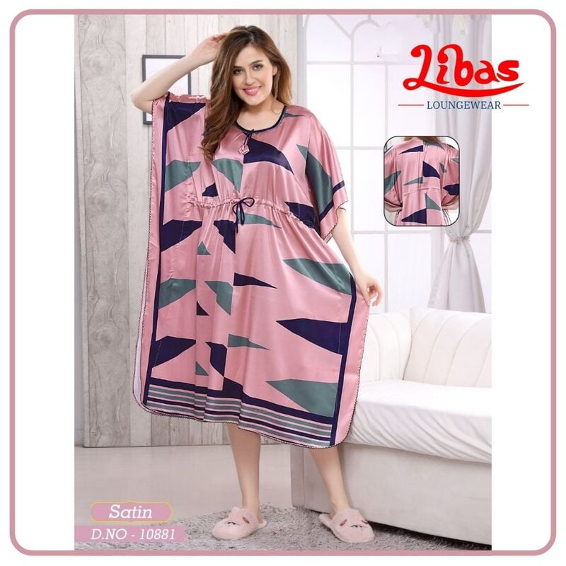 Careys Pink Premium Satin Midi Kaftan Dress With Decor Print All Over From Libas Loungewear - KF287