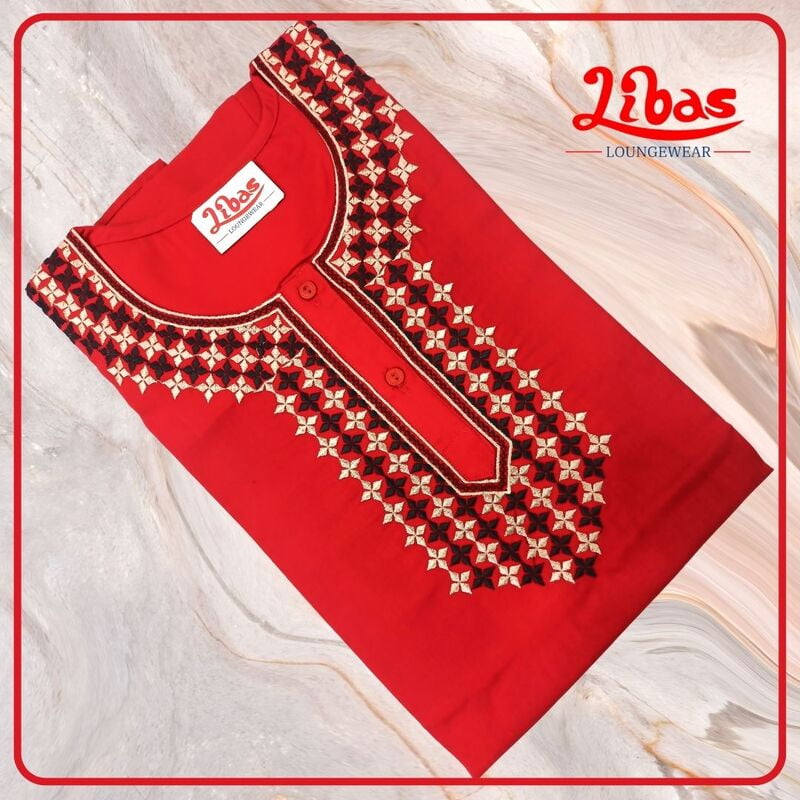 Chilli Red Bizi Lizi Plain Embroidery Nighty From Libas Loungewear - EN103 Chilli Red Bizi Lizi Plain Embroidery Nighty From Libas Loungewear - EN103
