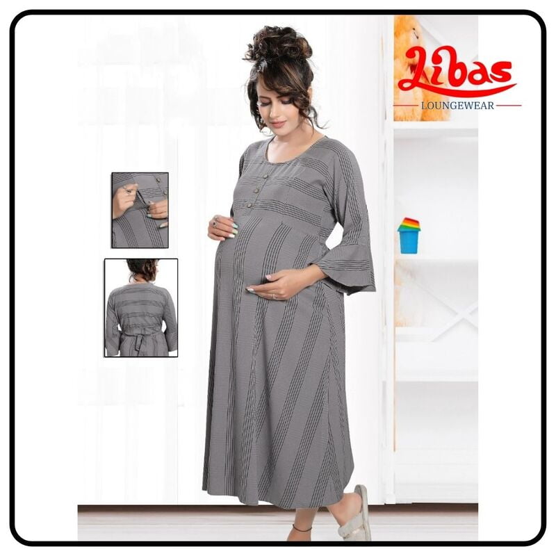 Greyish premium twill maternity nighty in geometric print with side zip from libas - FNT057