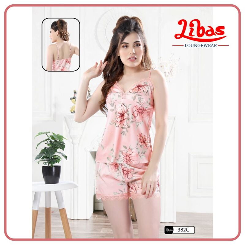 Rose Pink Premium Satin Two Piece Set With Floral Print All Over From Libas Loungewear - FCN154