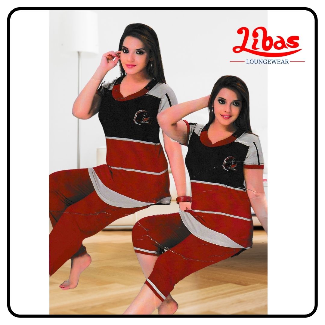 Dark Red & black hosiery cotton three piece night suit set from Libas loungewear-SPS004