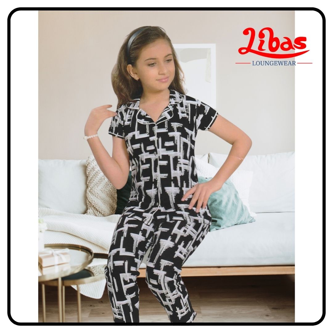 Black & grey hosiery cotton girls night suit from libas loungewear-GNS017