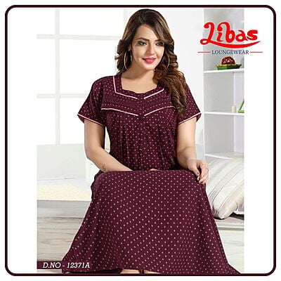 Wine Rose Crush Cotton Pleated Nighty With Block Prints All Over From Libas Loungewear - PLT262