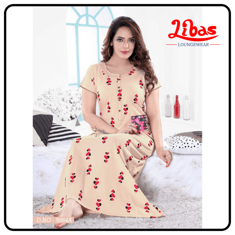 Dull orange hosiery cotton nighty with geometric prints all over from libas loungewear - AL404 Dull orange hosiery cotton nighty with geometric prints all over from libas loungewear - AL404