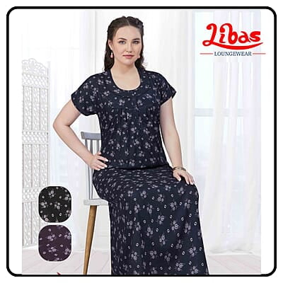 Black Navy Blue Premium Cotton Pleated Nighty With Floral Prints & Button Closure All Over From Libas Loungewear - PLT268